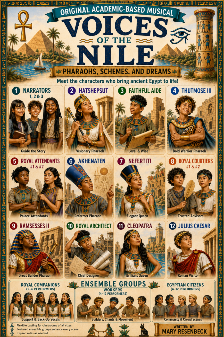 Cast preview for Voices of the Nile showing pharaohs, queens, narrators, and citizens