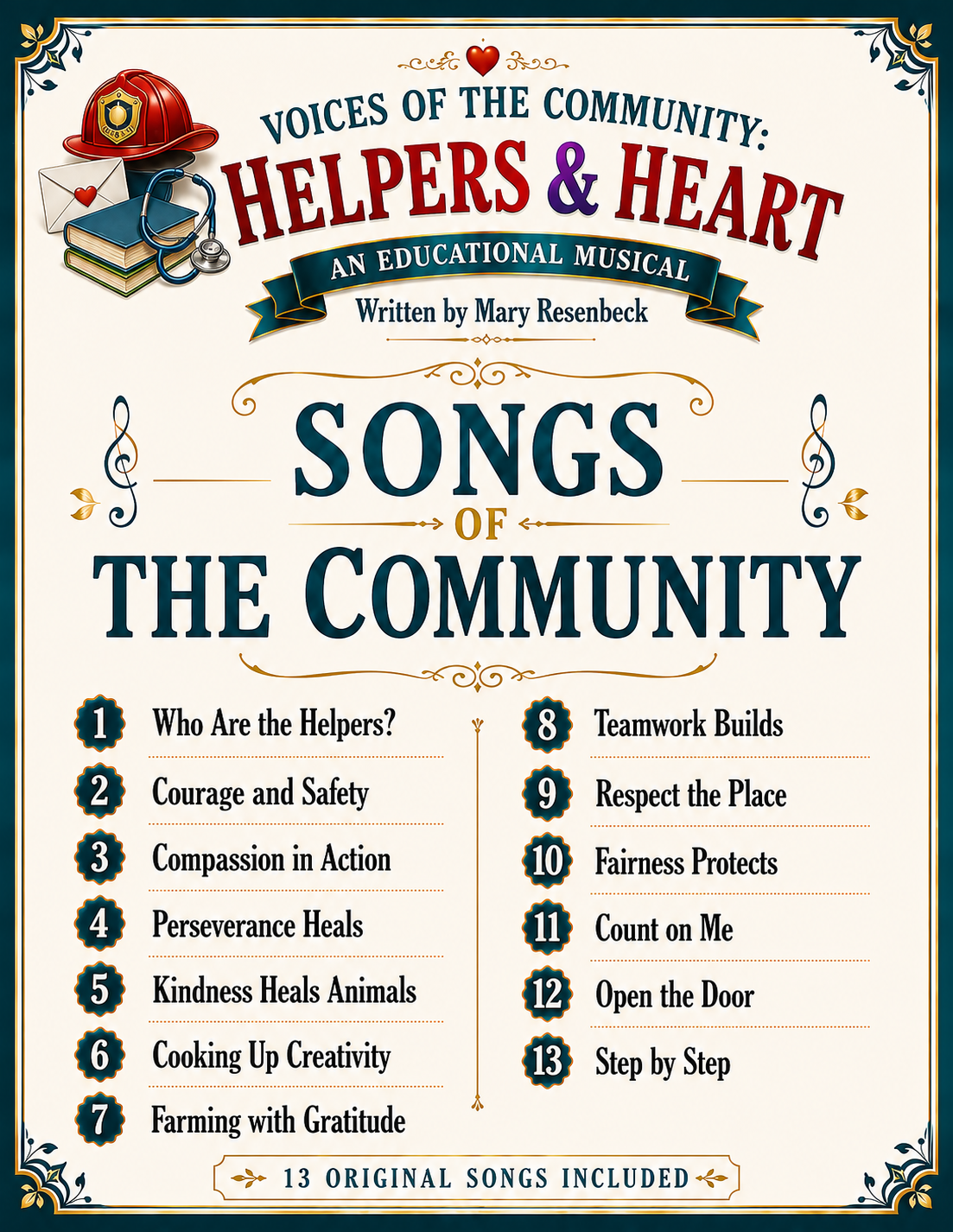 Song list for Voices of the Community with 13 original songs
