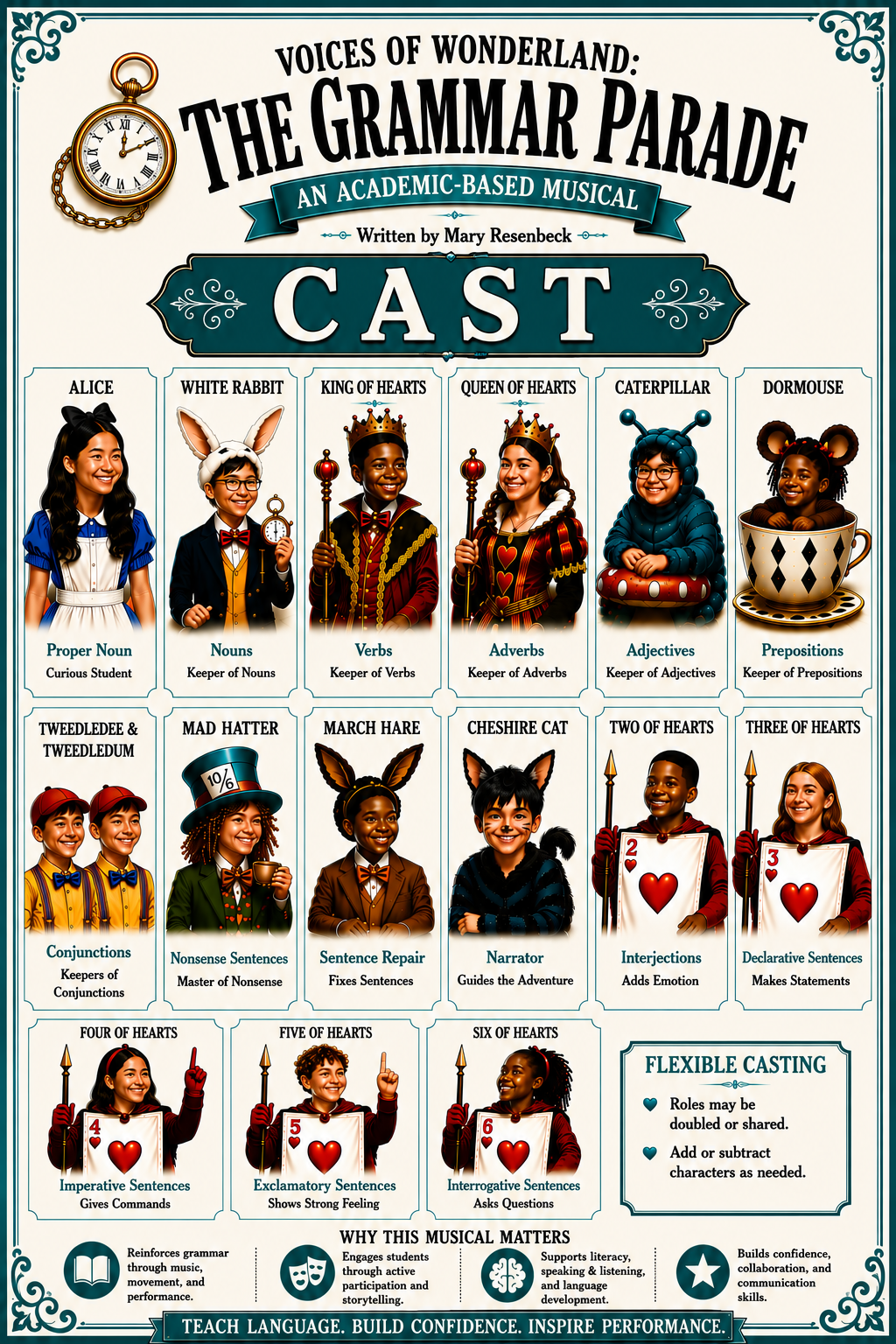 Cast preview for Voices of Wonderland showing Alice and the Wonderland characters in grammar roles