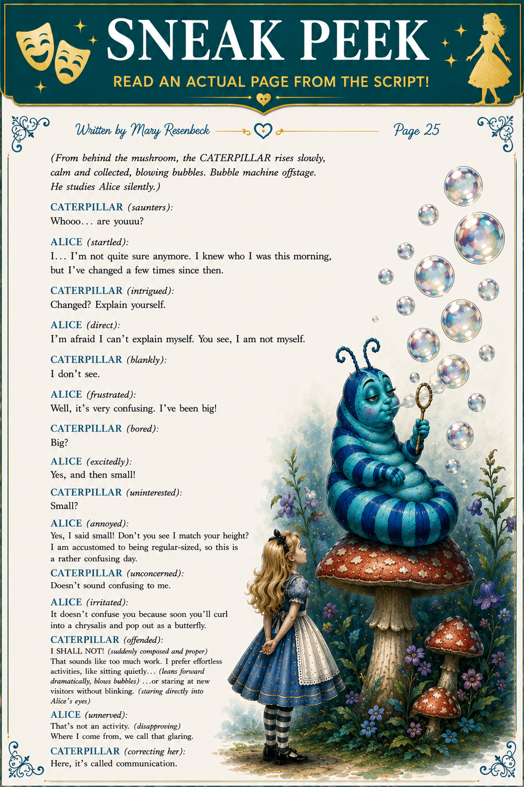 An actual script page from Alice in Wonderland: The Musical featuring the Caterpillar scene