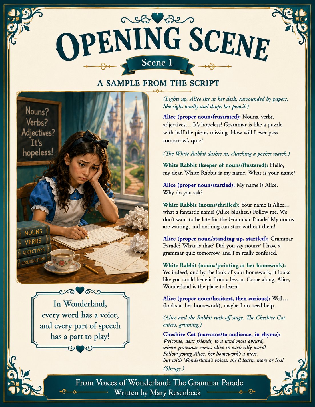 Opening scene preview from Voices of Wonderland showing Alice at her desk
